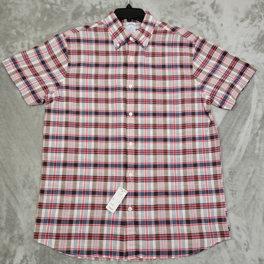Brooks Brothers Mens Medium Shirt Short Sleeve Button-Down Plaid New with Tags